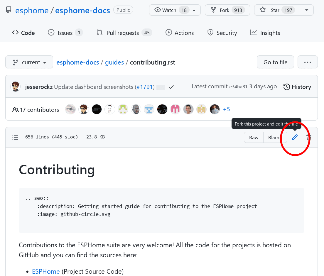 A screenshot of an rST file opened in GitHub, with the edit button circled